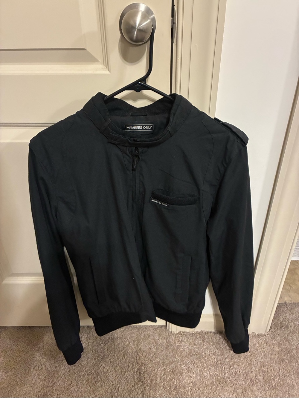 Members Only Black Bomber Jacket with Zip Chest Pocket
